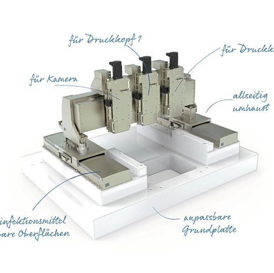 Präzise, dynamisch, zuverlässig und flexibel: Speziell für 3D-Druckverfahren in der Pharmaindustrie hat Steinmeyer Mechatronik ein leistungsstarkes Gantry-System entwickelt. Präzise, dynamisch, zuverlässig und flexibel: Speziell für 3D-Druckverfahren in der Pharmaindustrie hat Steinmeyer Mechatronik ein leistungsstarkes Gantry-System entwickelt.