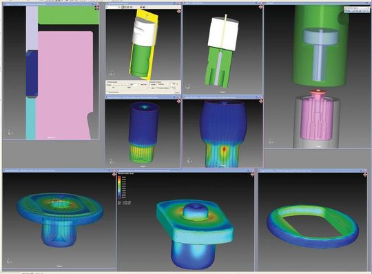 Bild 1: Optimierung eines Kaltumformteils mit Simufact-Forming. Bild 1: Optimierung eines Kaltumformteils mit Simufact-Forming.