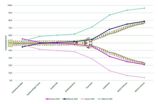 Die Grafik zeigt den Frauenanteil in der Wissenschaft in den Jahren 1992 und 2019. Von links nach rechts sind die Quoten in zunehmend höheren Karrierestufen dargestellt.