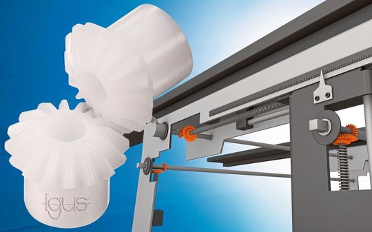 Die Kegelräder bestehen aus zwei abriebfesten und langlebigen Hochleistungskunststoffen.