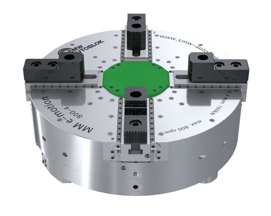 Beim Kraftspannfutter MM e-motion werden die vier Backen einzeln jeweils von integrierten Elektromotoren angetrieben. Beim Kraftspannfutter MM e-motion werden die vier Backen einzeln jeweils von integrierten Elektromotoren angetrieben.