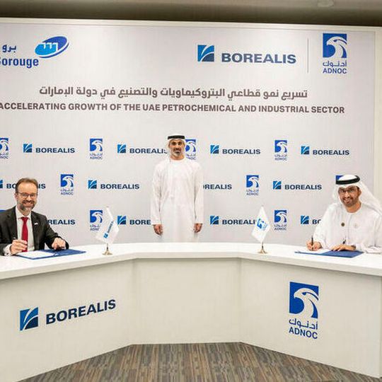 The 6.2-billion-dollar investment agreement was signed by His Excellency Dr. Sultan Ahmed Al Jaber, UAE Minister of Industry and Advanced Technology and Adnoc Managing Director, and Group CEO and Thomas Gangl, Borealis CEO. The 6.2-billion-dollar investment agreement was signed by His Excellency Dr. Sultan Ahmed Al Jaber, UAE Minister of Industry and Advanced Technology and Adnoc Managing Director, and Group CEO and Thomas Gangl, Borealis CEO.