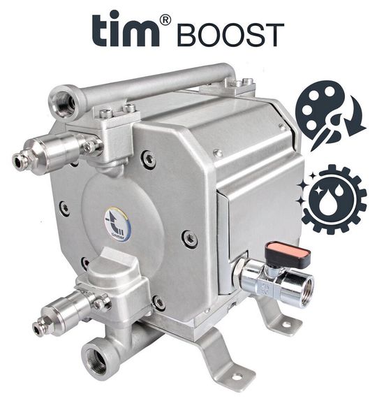 Hinterschneidungsfreie Geometrien reduzieren Restmengen des Mediums in der Hochdruck-Doppelmembranpumpe der Serie Tim Boost und optimieren die Spülbarkeit.