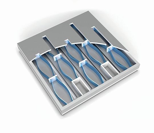 Für das patentierte MEMS-Mikrolautsprecherdesign wurde die herkömmliche Lautsprechermembran durch hunderte, 20 μm dünne, sich bewegende Lamellen ersetzt.