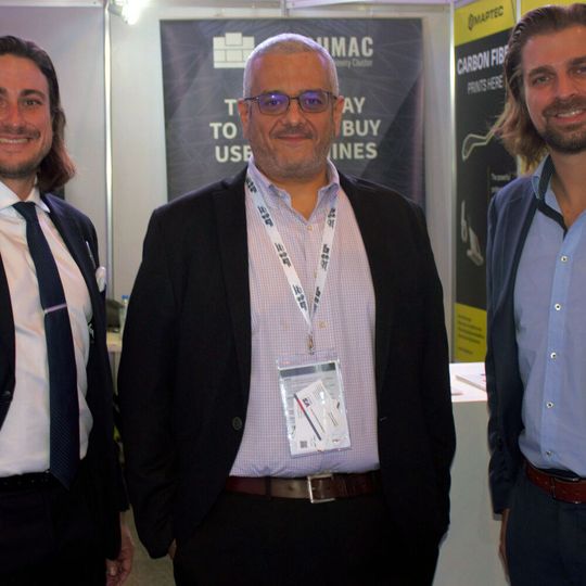 The management team of Gindumax and Maptec at Steelfab 2022 in Dubai – UAE. From left to right: Benedikt Ruf (Managing Director – Gindumac), Jafar Odeh (CEO – Maptec), Janek Andre (CEO – Gindumac). The management team of Gindumax and Maptec at Steelfab 2022 in Dubai – UAE. From left to right: Benedikt Ruf (Managing Director – Gindumac), Jafar Odeh (CEO – Maptec), Janek Andre (CEO – Gindumac).