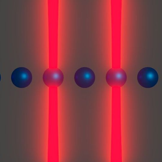 Two trapped ions (in blue) are selected by optical tweezers (in red). A quantum gate between the ions can be implemented using electric fields. Two trapped ions (in blue) are selected by optical tweezers (in red). A quantum gate between the ions can be implemented using electric fields.