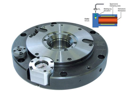 Hydraulisch betätigtes Dehnspannfutter mit Druckanzeige und 70 mm Innendurchmesser zum Fräsen (a). Die Einstellung geschieht manuell (b). Hydraulisch betätigtes Dehnspannfutter mit Druckanzeige und 70 mm Innendurchmesser zum Fräsen (a). Die Einstellung geschieht manuell (b).