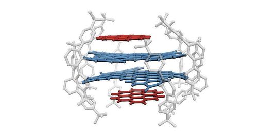 Zwei Nanographene (blau) mit sperrigen Seitenstrukturen (grau) haben je ein PAK (rot) angelagert und sich zu einem Viererstapel formiert. Zwei Nanographene (blau) mit sperrigen Seitenstrukturen (grau) haben je ein PAK (rot) angelagert und sich zu einem Viererstapel formiert.