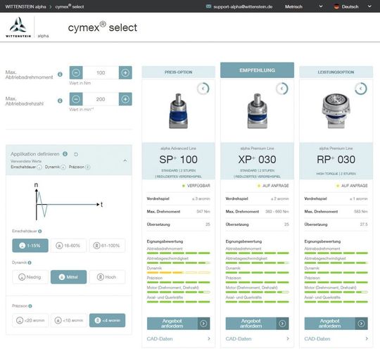 Das Schnellauslegungstool Cymex Select von Wittenstein soll den Anwendern bereits in der Prototypenphase einer Maschine durch eine optimierte Berechnungslogik einen Überblick über passende Getriebe bieten. Das Schnellauslegungstool Cymex Select von Wittenstein soll den Anwendern bereits in der Prototypenphase einer Maschine durch eine optimierte Berechnungslogik einen Überblick über passende Getriebe bieten.