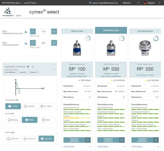 Das Schnellauslegungstool Cymex Select von Wittenstein soll den Anwendern bereits in der Prototypenphase einer Maschine durch eine optimierte Berechnungslogik einen Überblick über passende Getriebe bieten.