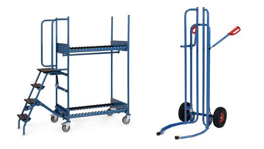 Der neue Reifen-Kommissionierwagen ist unter anderem mit Trittstufen ausgestattet, die bei Gebrauch aus- und mittels Gasdruckfeder wieder angeklappt werden können. Für Reifensätze in großen Dimensionen, beispielsweise von SUVs, hat Fetra eine Reifenkarre mit Anlaufrollen entwickelt, die das Auf- und Absetzen der Räder erleichtern soll.