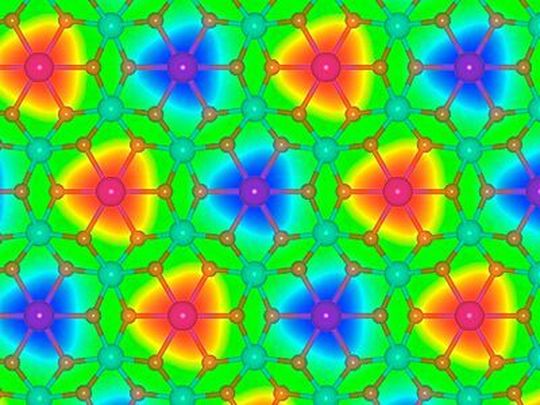 Was hier wie eine psychedelische Tapete aus den poppigen 70gern wirkt, ist das Aufbauprinzip einer halbtransparenten Struktur aus Germanium-Mangan-Oxid. Sie ist eine von 27 weiteren neuartigen 2D-Materialien, die man jetzt per Datensuche gezielt gefunden hat. Was hier wie eine psychedelische Tapete aus den poppigen 70gern wirkt, ist das Aufbauprinzip einer halbtransparenten Struktur aus Germanium-Mangan-Oxid. Sie ist eine von 27 weiteren neuartigen 2D-Materialien, die man jetzt per Datensuche gezielt gefunden hat.