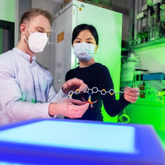 Philipp Buday (l.) and Chizuru Kasahara during an experiment on light-driven hydrogen production. Philipp Buday (l.) and Chizuru Kasahara during an experiment on light-driven hydrogen production.