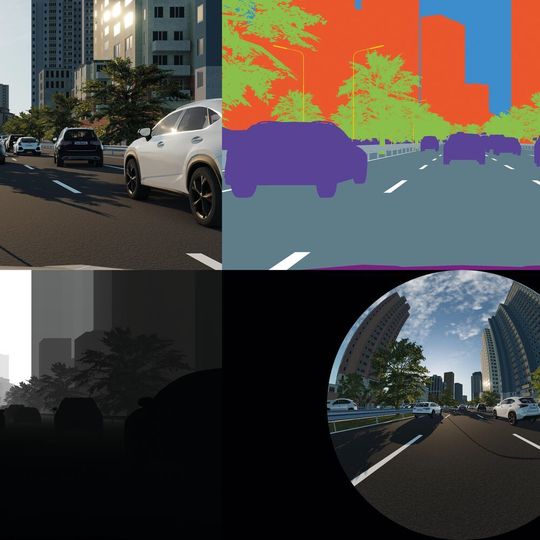 CarMaker 11.0 bietet neue Farbmodi und Linsen. Im Uhrzeigersinn von oben links: Fotorealistisches Szenario, Darstellung von Objekten, Fisheye-Linse und Darstellung von Distanzen. CarMaker 11.0 bietet neue Farbmodi und Linsen. Im Uhrzeigersinn von oben links: Fotorealistisches Szenario, Darstellung von Objekten, Fisheye-Linse und Darstellung von Distanzen.