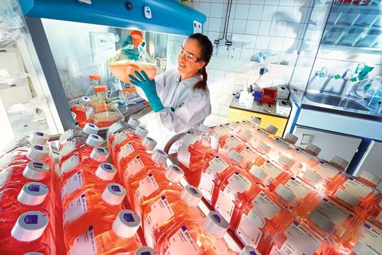Wissenschaftliche Bayer-Mitarbeiterin mit Lösungen von Zellkulturen