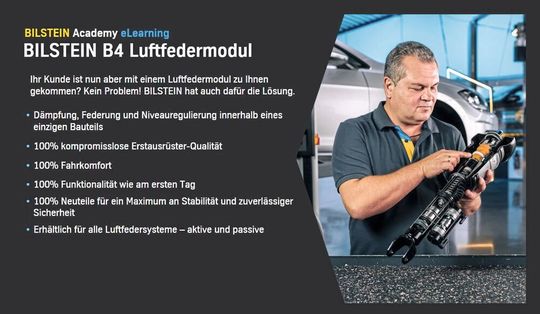 Informationen zum Beispiel zum Thema Luftfederung bietet Bilstein auch in E-Trainings. Informationen zum Beispiel zum Thema Luftfederung bietet Bilstein auch in E-Trainings.