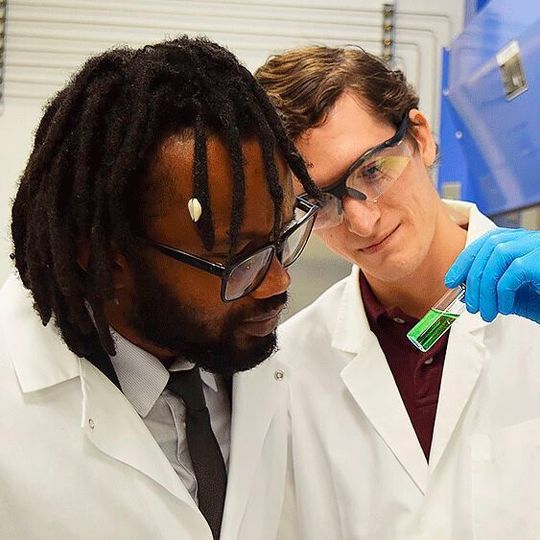 Dr. Abdoulaye Djire (left) and Denis Johnson (right) analyze a coloring solution after an experimental run. A coloring solution is created after each nitrogen reduction reaction experiment, and the level of ammonia produced is indicated by how green the solution turns after a waiting period. Dr. Abdoulaye Djire (left) and Denis Johnson (right) analyze a coloring solution after an experimental run. A coloring solution is created after each nitrogen reduction reaction experiment, and the level of ammonia produced is indicated by how green the solution turns after a waiting period.