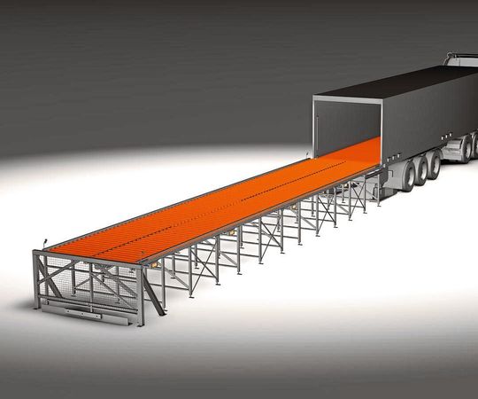 Das FAB-System zum automatischen Be- und Entladen von Sattelaufliegern lässt sich flexibel auf individuelle Verhältnisse zuschneiden. Das FAB-System zum automatischen Be- und Entladen von Sattelaufliegern lässt sich flexibel auf individuelle Verhältnisse zuschneiden.