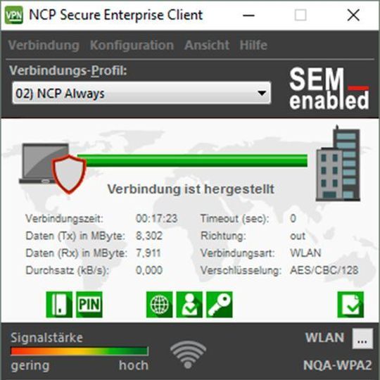 NCP Windows-Clients ab Version 13.0 unterstützen stärkere Verschlüsselungsalgorithmen im WLAN. NCP Windows-Clients ab Version 13.0 unterstützen stärkere Verschlüsselungsalgorithmen im WLAN.