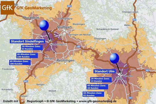 Fahrtzeitzonen helfen bei der Einteilung der Außendienstgebiete. Fahrtzeitzonen helfen bei der Einteilung der Außendienstgebiete.
