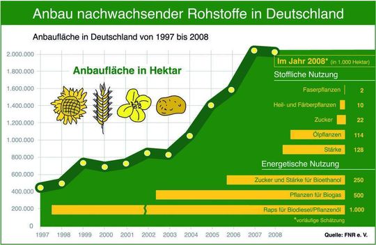 Auf mehr als zwei Millionen Hektar Ackerfläche wachsen in diesem Jahr in Deutschland bereits Industrie- und Energiepflanzen, die als Rohstofflieferant für Biodiesel, Biogas und chemische Grundstoffe dienen. Bild: Fachagentur Nachwachsende Rohstoffe Auf mehr als zwei Millionen Hektar Ackerfläche wachsen in diesem Jahr in Deutschland bereits Industrie- und Energiepflanzen, die als Rohstofflieferant für Biodiesel, Biogas und chemische Grundstoffe dienen. Bild: Fachagentur Nachwachsende Rohstoffe