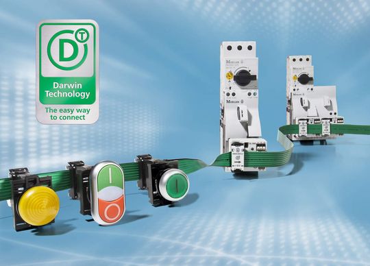 „SmartWire-Darwin“: Verbinden statt Verdrahten. Bis zu 99 Teilnehmer wie Befehls- und Meldegeräte, Motorstarter und E/A-Module können mit SmartWire-Darwin mit einander verbunden werden. Die Anbindung an die SPS erfolgt als Profibus-DP oder CANopen Teilnehmer „SmartWire-Darwin“: Verbinden statt Verdrahten. Bis zu 99 Teilnehmer wie Befehls- und Meldegeräte, Motorstarter und E/A-Module können mit SmartWire-Darwin mit einander verbunden werden. Die Anbindung an die SPS erfolgt als Profibus-DP oder CANopen Teilnehmer