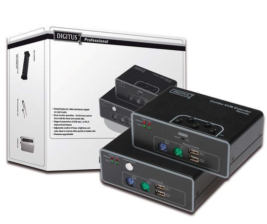 Der Combo KVM-Extender DS-51110 von Digitus erlaubt auch den entfernten Peripheriegeräte-Anschluss via USB und PS/2 Der Combo KVM-Extender DS-51110 von Digitus erlaubt auch den entfernten Peripheriegeräte-Anschluss via USB und PS/2