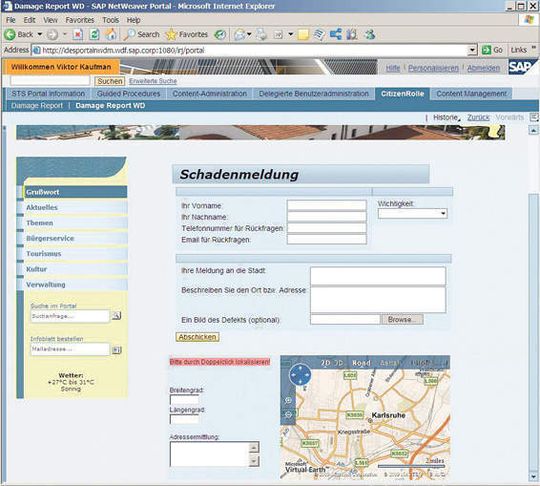 Über ein Online-Formular können Bürger Schadensmeldungen mit entsprechender Ortsbestimmung abgeben. Auch digitale Fotos lassen sich bei Bedarf hochladen (Quelle: SAP) Über ein Online-Formular können Bürger Schadensmeldungen mit entsprechender Ortsbestimmung abgeben. Auch digitale Fotos lassen sich bei Bedarf hochladen (Quelle: SAP)