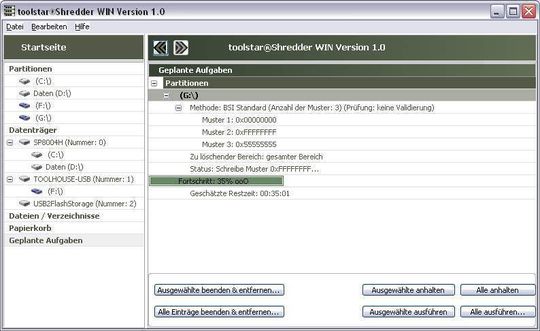 Toolstar Shredder WIN löscht komplette Speichermedien, Partitionen, Verzeichnisse, einzelne Dateien und Dateifragmente. Toolstar Shredder WIN löscht komplette Speichermedien, Partitionen, Verzeichnisse, einzelne Dateien und Dateifragmente.