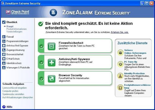 ZoneAlarm Extreme Security 2010 von Check Point bietet Schutz vor Identitätsdiebstahl, Malware-Angriffen und verschlüsselt auf Wunsch alle Daten auf dem PC. ZoneAlarm Extreme Security 2010 von Check Point bietet Schutz vor Identitätsdiebstahl, Malware-Angriffen und verschlüsselt auf Wunsch alle Daten auf dem PC.