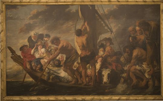 Jacob Jordaens, Der Zinsgroschen – Petrus findet die Münze im Maul des Fischs oder Die Fähre nach Antwerpen. Öl auf Leinwand, 279,5 x 467 cm. Statens Museum for Kunst, Inv. KMS3198. (Bilder: Statens Museum for Kunst) Jacob Jordaens, Der Zinsgroschen – Petrus findet die Münze im Maul des Fischs oder Die Fähre nach Antwerpen. Öl auf Leinwand, 279,5 x 467 cm. Statens Museum for Kunst, Inv. KMS3198. (Bilder: Statens Museum for Kunst)