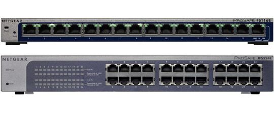Die neuen Fast Ethernet Switches FS116E (16-Port Desktop Switch, oben) und JFS524E (24-Port Rackmount Switch, unten) von Netgear Die neuen Fast Ethernet Switches FS116E (16-Port Desktop Switch, oben) und JFS524E (24-Port Rackmount Switch, unten) von Netgear