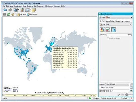 Netzwerk-Angriffe lassen sich dank einer neuen Geolocation-Funktion im Stonegate Management Center geographisch einordnen. Netzwerk-Angriffe lassen sich dank einer neuen Geolocation-Funktion im Stonegate Management Center geographisch einordnen.