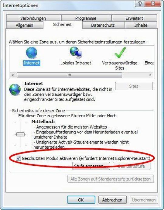 Geschützten Modus aktivieren: Nutzer von Windows 7 und Vista können ihren Internet Explorer mit nur einem Klick absichern. Geschützten Modus aktivieren: Nutzer von Windows 7 und Vista können ihren Internet Explorer mit nur einem Klick absichern.