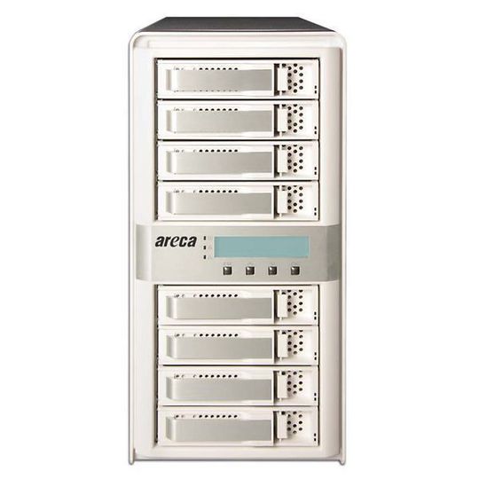 Das Modell ARC-5040 ist mit einer Datentransferrate von 220 Megabyte pro Sekunde laut Areca ideal für Audio-/Videoanwendungen und für die Bildbearbeitung geeignet. RAID-Level 6 und ein redundanter Flash-EPROM-Controller sorgen zudem für eine hohe Ausfallsicherheit. Das Modell ARC-5040 ist mit einer Datentransferrate von 220 Megabyte pro Sekunde laut Areca ideal für Audio-/Videoanwendungen und für die Bildbearbeitung geeignet. RAID-Level 6 und ein redundanter Flash-EPROM-Controller sorgen zudem für eine hohe Ausfallsicherheit.
