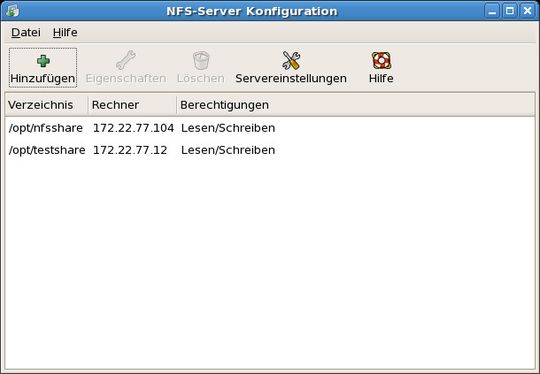 Redhat Enterprise Linux liefert auch für NFS-Freigaben ein grafisches Konfigurationswerkzeug mit Redhat Enterprise Linux liefert auch für NFS-Freigaben ein grafisches Konfigurationswerkzeug mit
