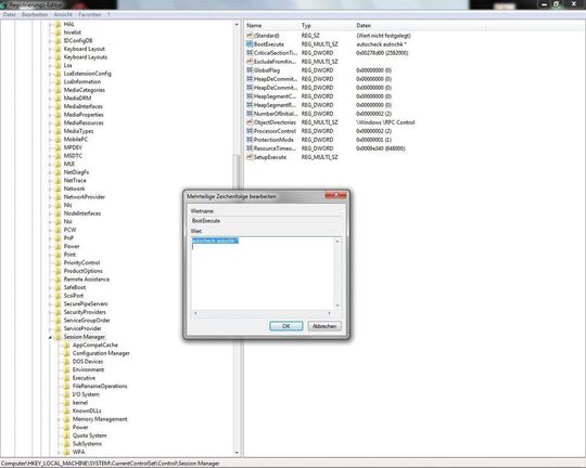 Unter Windows Vista und Windows 7 läßt sich der automatische Start von CHKDSK verhindern, indem man im Registry-Key HKEY_LOCAL_MACHINE\SYSTEM\CurrentControlSet\Control\Session Manager im Eintrag BootExecute den Wert autocheck autochk* löscht. Unter Windows Vista und Windows 7 läßt sich der automatische Start von CHKDSK verhindern, indem man im Registry-Key HKEY_LOCAL_MACHINE\SYSTEM\CurrentControlSet\Control\Session Manager im Eintrag BootExecute den Wert autocheck autochk* löscht.