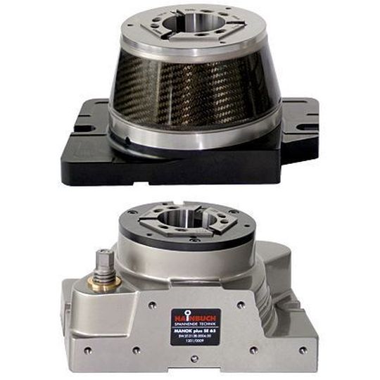 Bild 1: Das Leichtbau-Spannfutter Manok plus wiegt nur 8 kg (oben), die Standard-Version aus Stahl hingegen 24 kg (unten). Bild 1: Das Leichtbau-Spannfutter Manok plus wiegt nur 8 kg (oben), die Standard-Version aus Stahl hingegen 24 kg (unten).