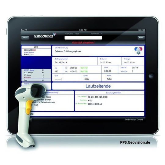 Hohe Bedienerfreundlichkeit und Datentransparenz bei flexibler und kostengünstiger Nutzung bietet laut Geovision das Bios-2000-BDE-Modul für den iPad. Bild: Geovision Hohe Bedienerfreundlichkeit und Datentransparenz bei flexibler und kostengünstiger Nutzung bietet laut Geovision das Bios-2000-BDE-Modul für den iPad. Bild: Geovision