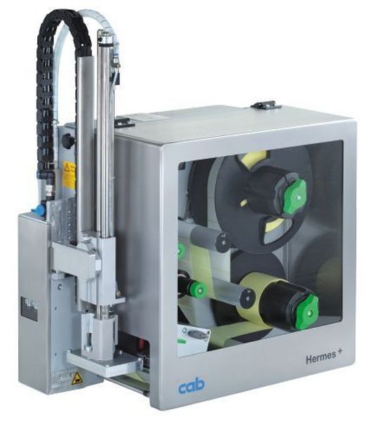 Das Druck- und Etikettiersystem Hermes+ von Cab Produkttechnik druckt und spendet die Etiketten in einem Arbeitsgang, unabhängig davon, ob die Produkte dabei stehen oder in Bewegung sind. Bild: Cab Produkttechnik Das Druck- und Etikettiersystem Hermes+ von Cab Produkttechnik druckt und spendet die Etiketten in einem Arbeitsgang, unabhängig davon, ob die Produkte dabei stehen oder in Bewegung sind. Bild: Cab Produkttechnik