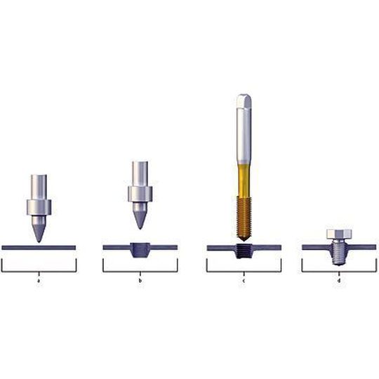 Bild 1: In zwei Arbeitsschritten zum fertigen Gewinde (d): Nach dem Fließbohren (a und b) wird das Gewinde geformt (c). Bild: Ontool Bild 1: In zwei Arbeitsschritten zum fertigen Gewinde (d): Nach dem Fließbohren (a und b) wird das Gewinde geformt (c). Bild: Ontool