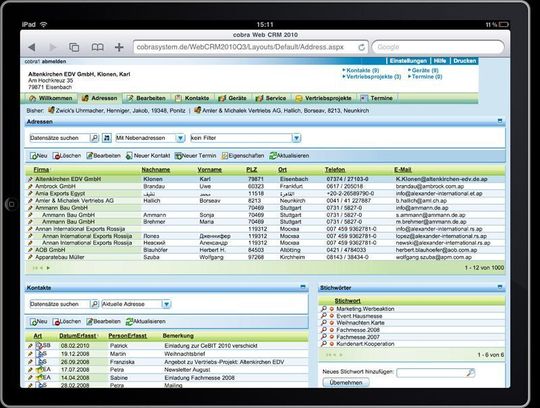 Cobra Mobile CRM ermöglicht den Zugriff auf Adress- und Kundeninformationen über Apple iPad oder iPhone. Cobra Mobile CRM ermöglicht den Zugriff auf Adress- und Kundeninformationen über Apple iPad oder iPhone.