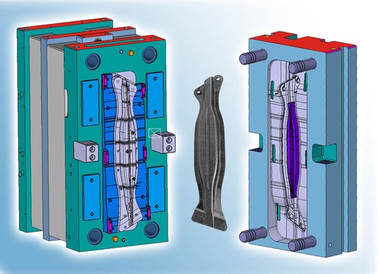 Werkzeugtechnik GK LIP fibre: Stempel- und Matrizenseite des Umform-Spritzgiess-Werkzeugs zum Herstellen eines Pkw-Seitenaufprallschutzes aus gewebeverstärktem Kunststoffhalbzeug mit aufgespritzten Versteifungsrippen (Bild: Georg Kaufmann Formenbau)