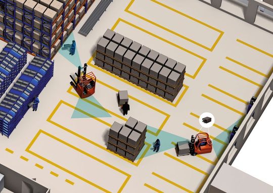 Durch die Kombination eines Staplerleitsystems mit einem kamerabasierten Ortungssystem können Flurförderzeuge im Lager und im Außenbereich auf rund 10 cm genau geortet und die innerbetrieblichen Transportprozesse automatisiert werden. (Bild: ICS International) Durch die Kombination eines Staplerleitsystems mit einem kamerabasierten Ortungssystem können Flurförderzeuge im Lager und im Außenbereich auf rund 10 cm genau geortet und die innerbetrieblichen Transportprozesse automatisiert werden. (Bild: ICS International)
