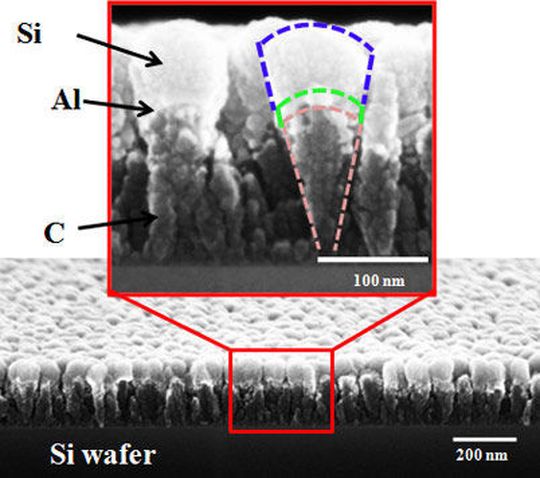 Die Nanoscoop-Anodenstruktur wird auf einem Silizium-Wafer gezüchtet. (Bild: Rensselaer) Die Nanoscoop-Anodenstruktur wird auf einem Silizium-Wafer gezüchtet. (Bild: Rensselaer)