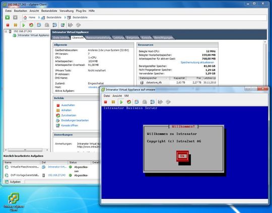 Die textbasierte Gundkonfiguration der genügsamen virtuellen Appliance erfolgt in einer Konsolensitzung des VMware vSphere Clients. Die textbasierte Gundkonfiguration der genügsamen virtuellen Appliance erfolgt in einer Konsolensitzung des VMware vSphere Clients.