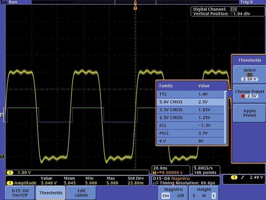 Bild 1: Einstellen des digitalen Schwellenwerts des MSO auf 2,5 V für ein CMOS Signal mit 5 V