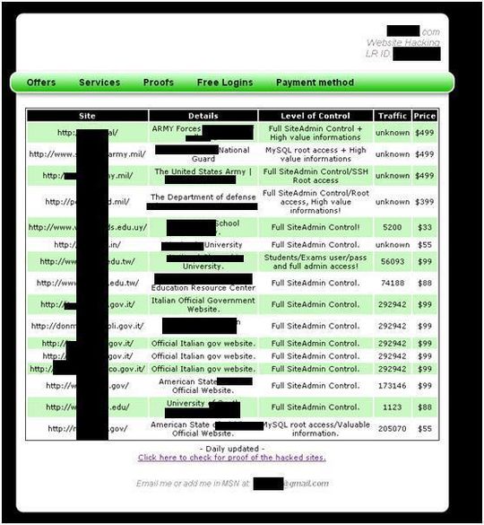 Hacker verkaufen im Internet Admin-Zugänge zu .mil, .gov und .edu Websites für 50-500 Dollar pro Stück. Hacker verkaufen im Internet Admin-Zugänge zu .mil, .gov und .edu Websites für 50-500 Dollar pro Stück.