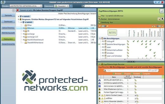 Berechtigungsmanagement erleichtert das Tool 8Man von Protected-Networks.com. Es bietet in einer übersichtlichen, grafischen Oberfläche einfache Kontrolle über Zugriffsrechte. Berechtigungsmanagement erleichtert das Tool 8Man von Protected-Networks.com. Es bietet in einer übersichtlichen, grafischen Oberfläche einfache Kontrolle über Zugriffsrechte.
