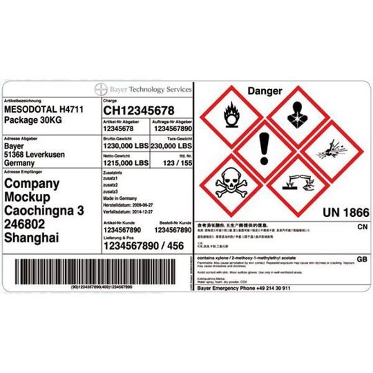 Lexsy Labelprint unterstützt die weltweit gültige GHS-Verordnung zur Gefahrstoff-Etikettierung. Bild: Bayer Technology Services Lexsy Labelprint unterstützt die weltweit gültige GHS-Verordnung zur Gefahrstoff-Etikettierung. Bild: Bayer Technology Services